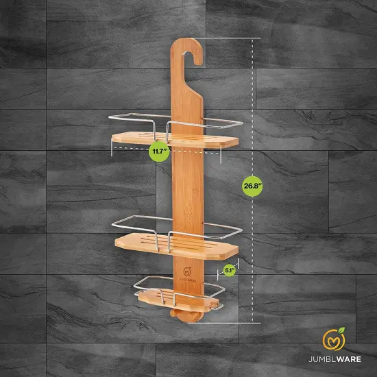 JumblWare Bamboo Shower Caddy, 11.7 x 26.8" Hanging 3-Tier Suction Cup Shower Organizer {3}