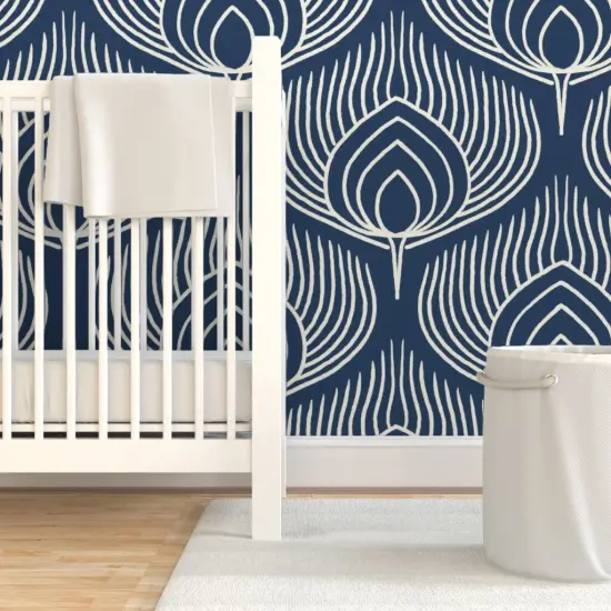 Pre-Pasted Wallpaper 2FT Wide Bird Peacock Abstract Feathers Animal Print Exotic Line Art Custom Pre-pasted Wallpaper by Spoonflower {7}