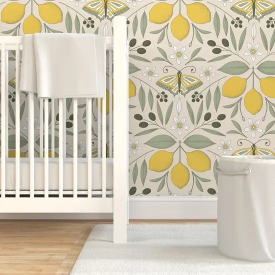 Pre-Pasted Wallpaper 2FT Wide Yellow Butterfly Damask Olive Lemon Botanical Italy Pastel Colors Mediterranean Tree Large Scale Citrus Moth Insects Custom Pre-pasted Wallpaper by Spoonflower {7}