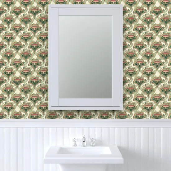 Pre-Pasted Wallpaper 2FT Wide Art Nouveau Mushrooms Botanical Nature Olive Green Toadstool Vintage Inspired Cream Custom Pre-pasted Wallpaper by Spoonflower {6}