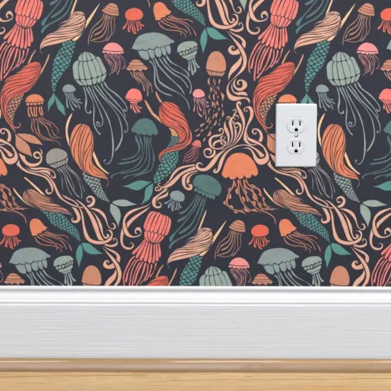 Pre-Pasted Wallpaper 2FT Wide Coastal Whimsical Ocean Mermaid Jellyfish Swimming Custom Pre-pasted Wallpaper by Spoonflower {4}