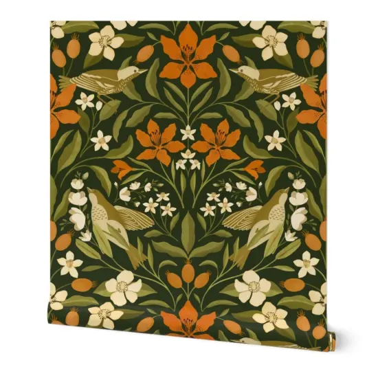 Peel & Stick Wallpaper 2FT Wide Jumbo Floral Green Leaves Orange Lily Flowers Birds Custom Removable Wallpaper by Spoonflower {7}