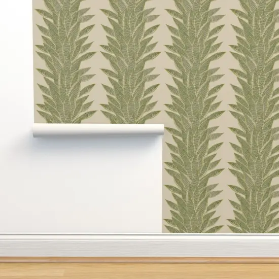 Pre-Pasted Wallpaper 2FT Wide Tropical Stripe Olive Green Succulent Neutral Greenery Custom Pre-pasted Wallpaper by Spoonflower {2}