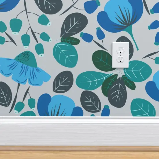 Pre-Pasted Wallpaper 2FT Wide Blue Floral Botanical Daisy Meadow Spring Summer Cottagecorre French Country Large Scale Custom Pre-pasted Wallpaper by Spoonflower {4}