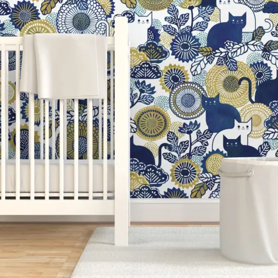 Pre-Pasted Wallpaper 2FT Wide Cat Vintage Floral Gold Cats Navy Blue And Flowers Garden With Custom Pre-pasted Wallpaper by Spoonflower {7}