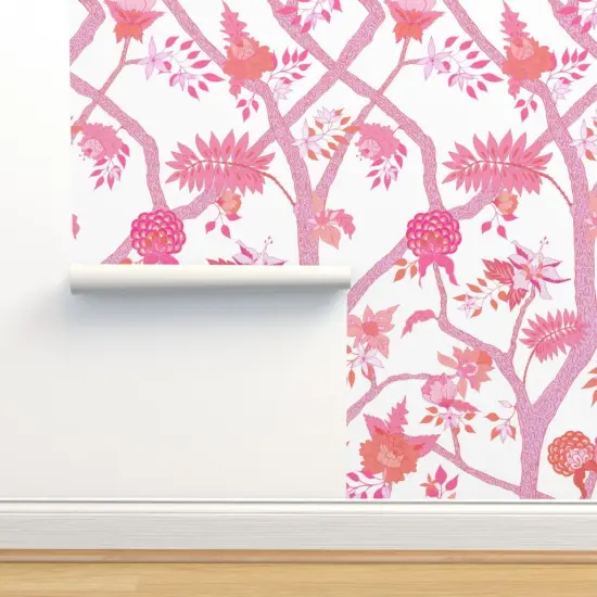 Peel & Stick Wallpaper 2FT Wide Peony Floral Chinoiserie Large Scale Pink Orange Maximalist Custom Removable Wallpaper by Spoonflower {2}