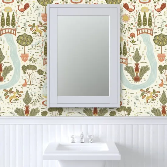 Peel & Stick Wallpaper 2FT Wide Multicolor. Birds Rabbit Whimsical Peacock Illustration Folk Garden Italian Terracotta Tuscany Fountains Large Scale Custom Removable Wallpaper by Spoonflower {6}