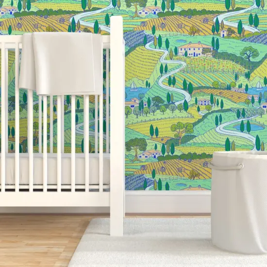 Pre-Pasted Wallpaper 2FT Wide Multicolor Painting Farmland Villa Italian Landscape Large Scale Countryside Tuscan Mediterranean Custom Pre-pasted Wallpaper by Spoonflower {7}