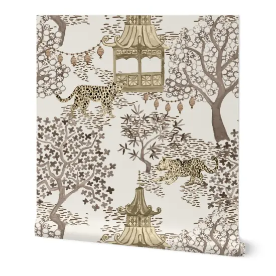 Peel & Stick Wallpaper 2FT Wide Chinoiserie Pagoda Leopard Print Watercolor Neutral Brown Cream Large Scale Custom Removable Wallpaper by Spoonflower {7}