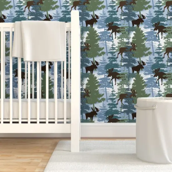 Pre-Pasted Wallpaper 2FT Wide Blue Woods Outdoor Green Trees Moose Wildlife. Pines Forest Winter Custom Pre-pasted Wallpaper by Spoonflower {7}