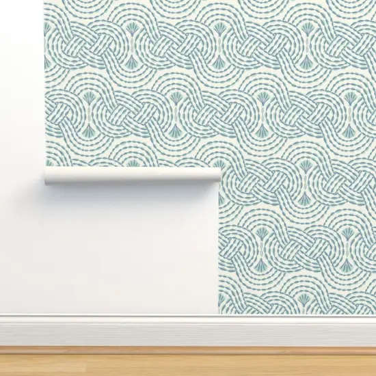 Peel & Stick Wallpaper 2FT Wide Nautical Rope Sea Shells Blue Grey And Ivory Coastal Beach Custom Removable Wallpaper by Spoonflower {2}
