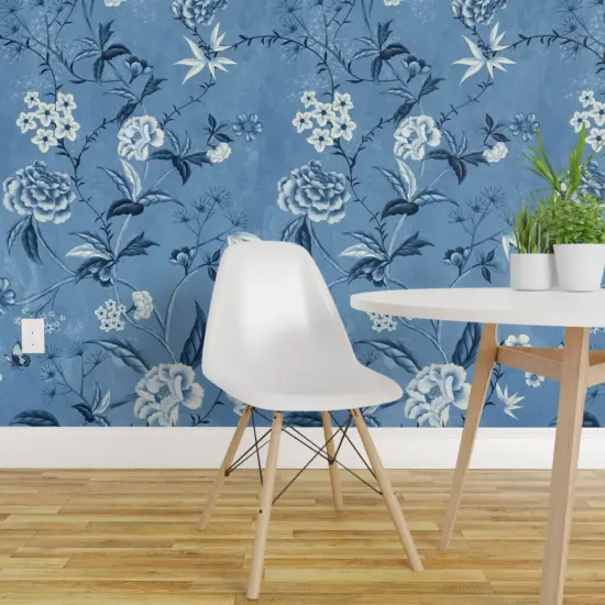 Peel & Stick Wallpaper 2FT Wide Victorian Floral Blue And White Chinoiserie New Romanticism Large Scale Custom Removable Wallpaper by Spoonflower {1}