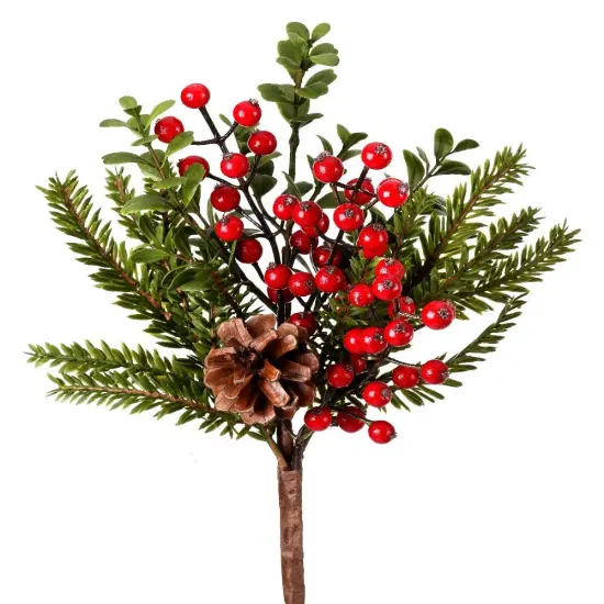 14" Waterproof Berry and Boxwood Fir Pick – Festive Christmas Decoration {1}