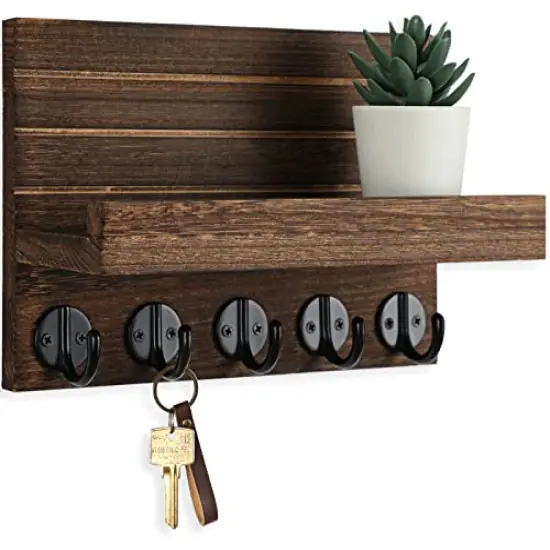 Key Holder for Wall, Decorative Key and Mail Holder with Shelf Has Large Key Hooks for Bags, Coats &ndash; Paulownia Wood Key Hanger with Mounting Hardware (9.8&rdquo;W x 6.7&rdquo;H x 4.2&rdquo;D) (Brown) {2}