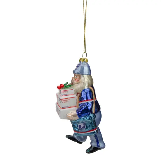 Northlight Busy Santa USPS "Priority Mail" Carrier Glass Christmas Ornament - 6" - Blue {5}