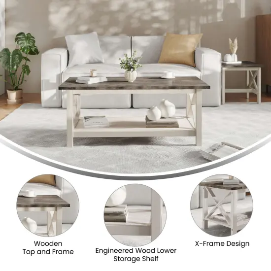 Merrick Lane Matty Rustic Coffee Table with Lower Shelf, Farmhouse Style Solid Wood Accent Table AcaciaGry/RusticWht {2}