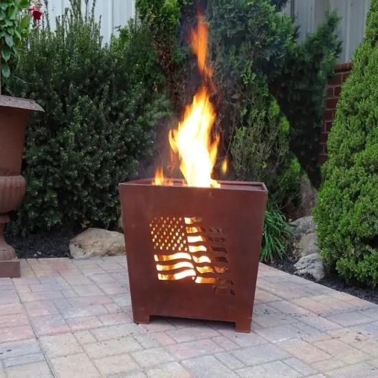 Esschert Design 24" Brown Rustic Finish American Flag and Eagle Square Outdoor Fire Basket {5}
