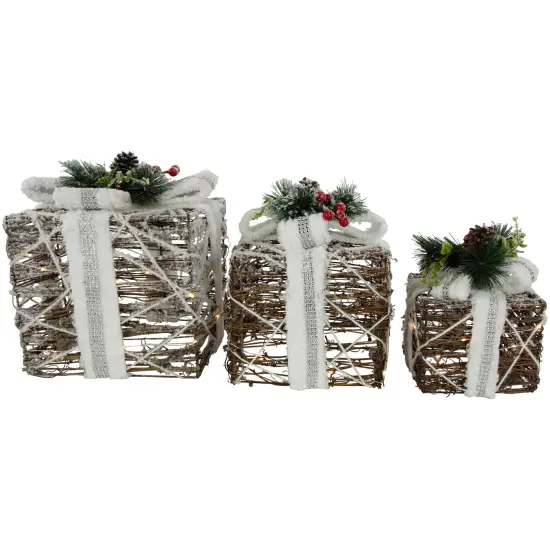 Northlight LED Lighted Gift Boxes with Pine and Berries Christmas Decorations - 9.75" - Set of 3 Beige {5}