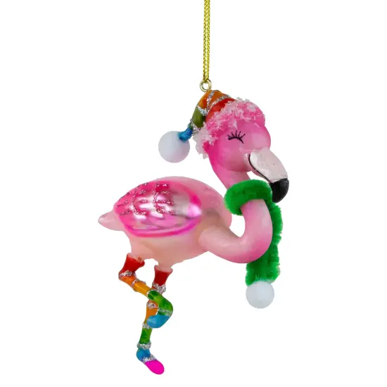 Northlight 4.25" Pink Flamingo with Rainbow Hat Glass Christmas Ornament {4}