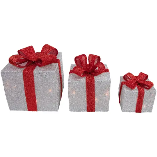 Northlight Set of 3 Silver Tinsel Lighted Gift Boxes with Red Bows Outdoor Christmas Decorations {5}