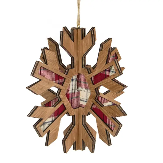Northlight Faux Wood and Plaid 3-D Starburst Snowflake Christmas Ornament - 7" - Brown and Red {5}