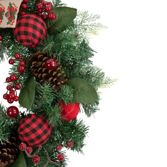 Northlight Pine Artificial Christmas Wreath with Bows and Plaid Ornaments - 24" - Unlit Green {4}