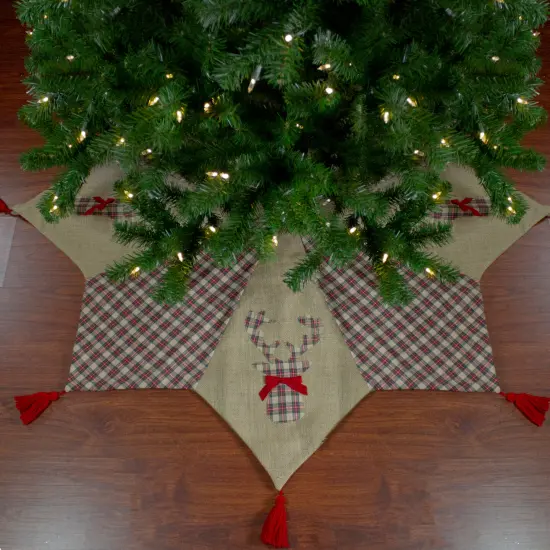 Northlight 48" Red and Brown Burlap and Plaid Reindeer Christmas Tree Skirt with Tassels {1}