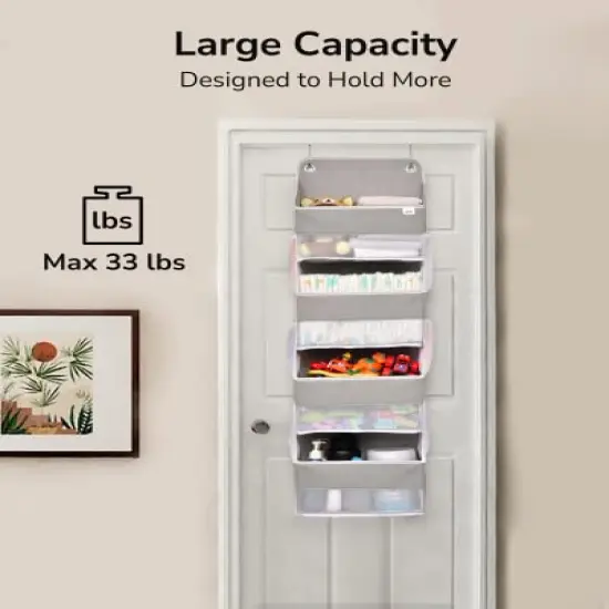 ULG Over Door Organizer with 4 Large Pockets 6 Mesh Side Pockets, 33 lbs Weight Capacity Hanging Storage Organizer with Clear Window for Baby Kids Toys, Diapers, Grey?1 Pack, 4 Layers {3}