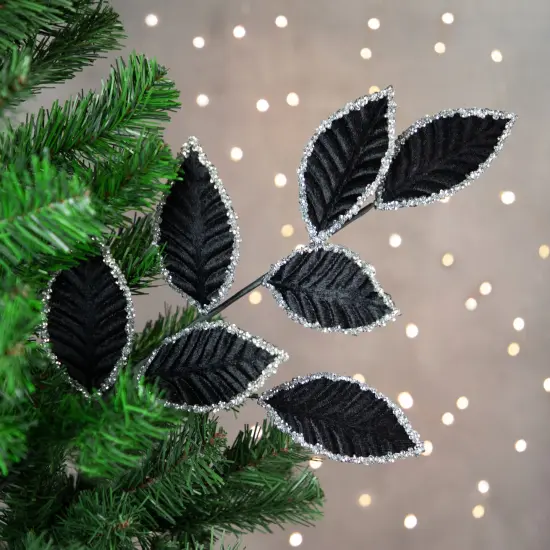 Northlight 26" Black and Silver Sequin Leaves Christmas Spray {3}