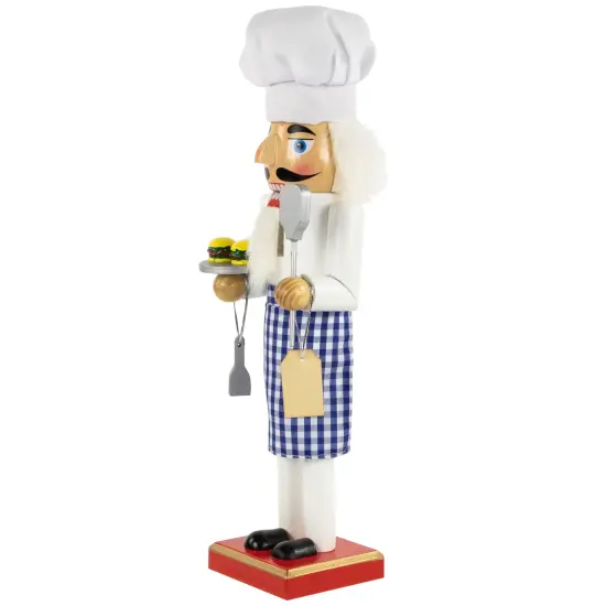 Nutcracker Factory 14" White and Blue Chef with Gingham Apron Wooden Christmas Nutcracker {4}