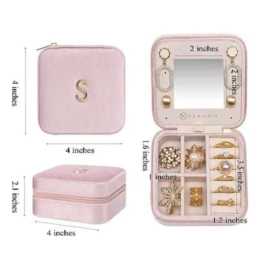 Vlando Small Travel Jewelry Box Organizer Display Case for Rings Earrings Necklaces Storage, Selected Soft Velvet, Letter J Engraved, Pink {5}