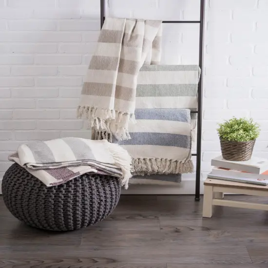 Contemporary Home Living White and Gray Cabana Striped Knitted Fringed Throw Blanket 50" x 60" {7}