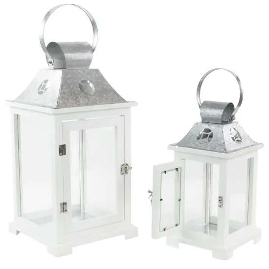 Northlight Wooden Candle Lanterns with Galvanized Metal Tops - 19.5" - White - Set of 2 {5}