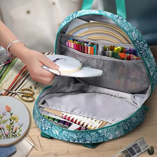 Embroidery Project Bag, Embroidery Supplies Storage Carrying Tote Case with Multiple Pockets for Embroidery Floss, Embroidery Hoops, Thread, Stitch Tools Kit [Bag Only] - Emerald Illusions {5}