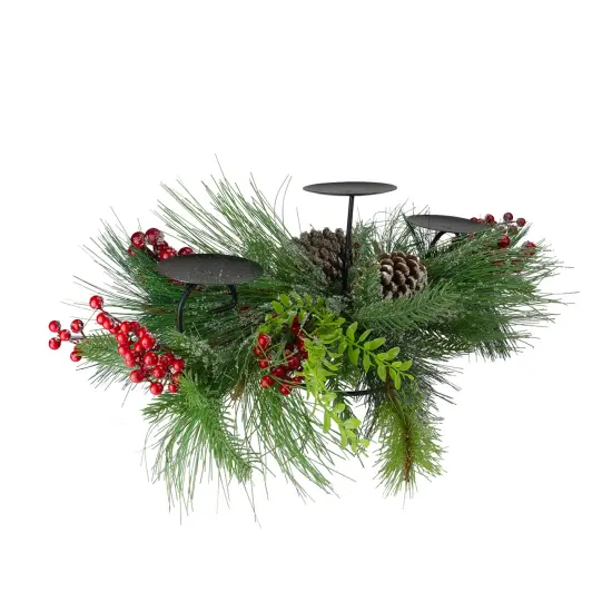 Northlight 32" Iced Mixed Pine, Berries and Pine Cones Christmas Pillar Candle Holder Green {4}