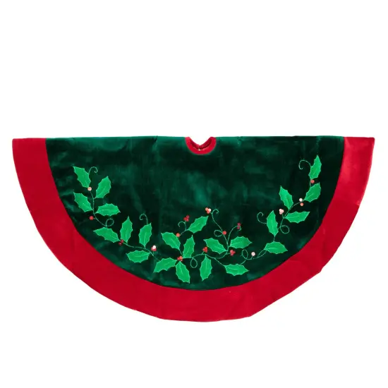 Northlight 48" Dark Green Holly and Berry Velveteen Christmas Tree Skirt {4}