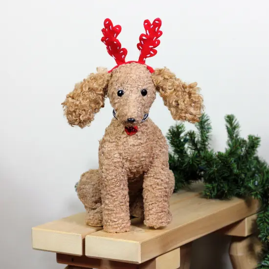 Northlight Plush Poodle Puppy with a Jingle Bell Collar and Antlers Christmas Figure - 14.5" Brown {4}