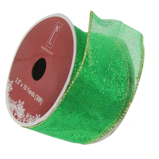 Northlight Glittering Green and Gold Solid Wired Christmas Craft Ribbon 2.5" x 10 Yards {4}