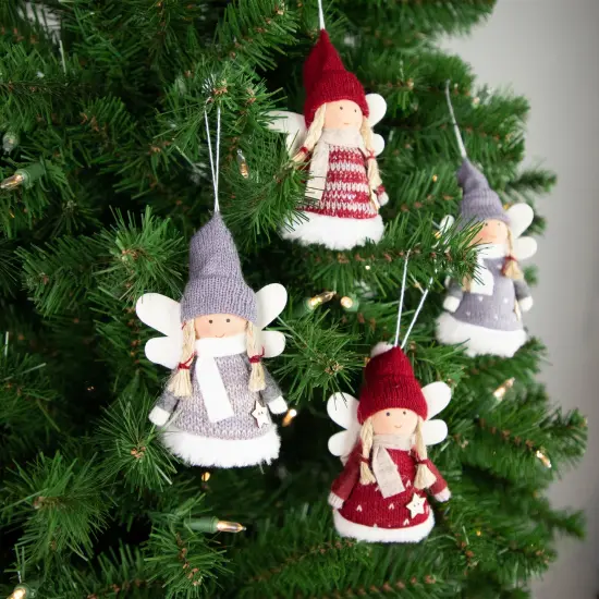Northlight Plush Angel Girl Hanging Christmas Ornaments - 4.25" - Red and Gray -Set of 4 {4}