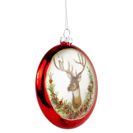Northlight Glittered Reindeer with Wreath Glass Disc Christmas Ornament - 4"- Red {5}