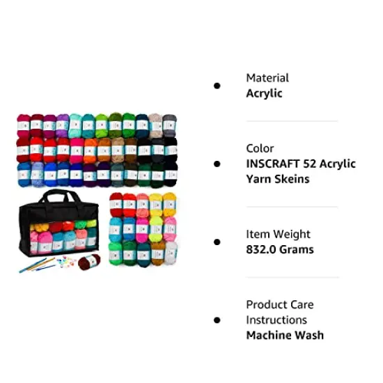52 Acrylic Yarn Skeins, 1820 Yards 52 Colors, 2 Crochet Hooks, 2 Weaving Needles, 10 Stitch Markers, 1 Bag, for Crocheting & Knitting, Gift Beginners and Adults {1}
