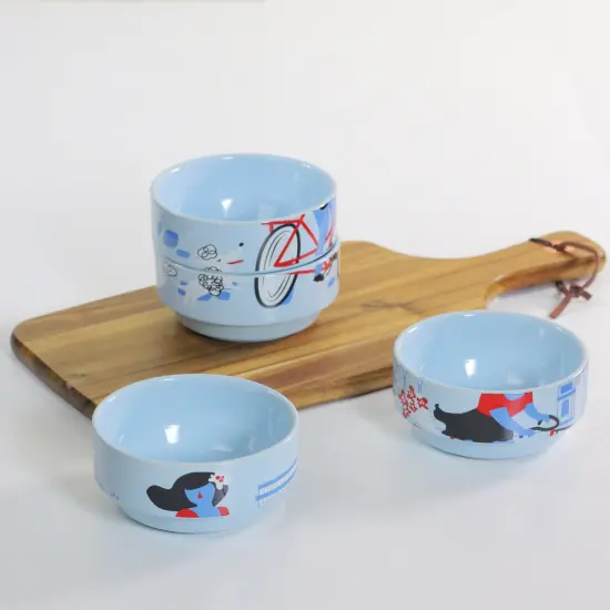 Wild Eye Set of 4 Pale Blue French Parisian Experience Decorative Stacking Bowls 7" {5}