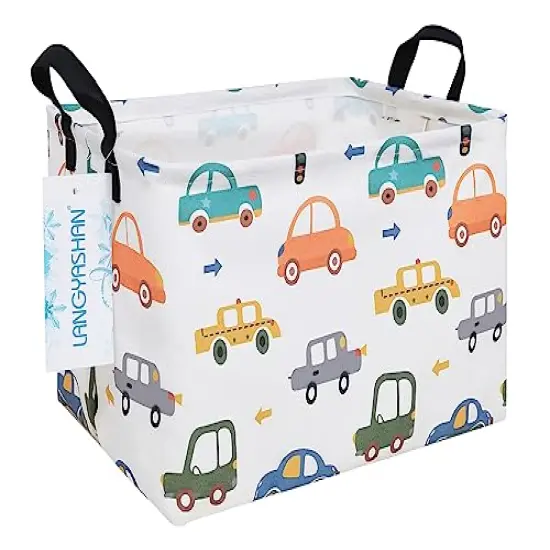 LANGYASHAN Rectangular Storage Bin Collapse Canvas Fabric Cartoon Storage Basket with Handles for Organizing Home Kitchen Boys and Girls Toys Office Closet Shelf Baskets(Rec Color Cars) {1}