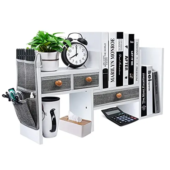 Wood Expandable Desktop Bookshelf Counter Bookcase Adjustable with Drawers Desktop Shelves Rack Storage Organizer for Office Supplies,Makeup,White.Petent Pending {3}