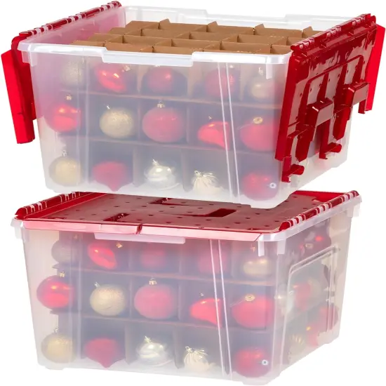 IRIS USA 2 Pack 60qt Plastic Clear Ornament Storage Box with Hinged Lid and Dividers, Clear/Red {1}