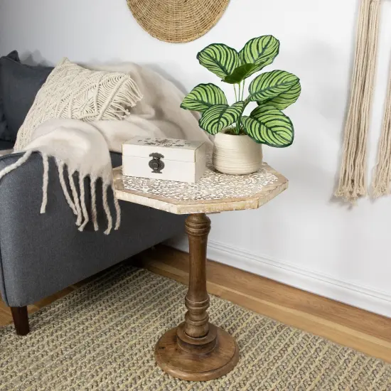 Northlight 21" Wooden Brushed White Engraved Paisley Octagonal Pedestal Side Table Beige {3}