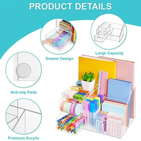 VITVITI Acrylic Desk Organizer, Clear Pencil Organizer for Desk, Multifunctional Desktop Stationary Pen Organizer, 8 Compartment Storage with Drawer, for Office/A4 Paper/Art Supply {4}