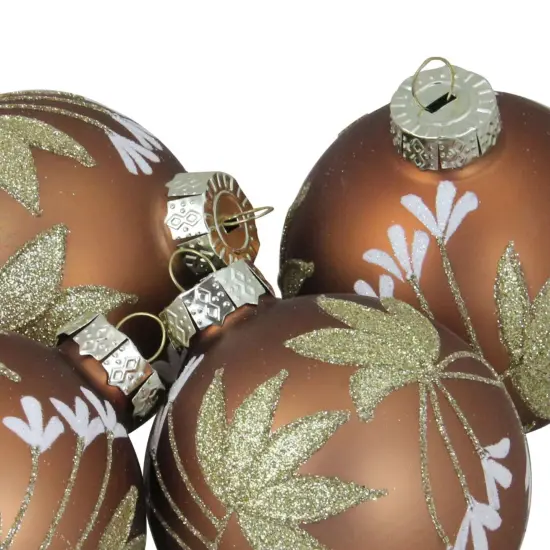 Northlight Glittered Flower Vine Glass Christmas Ball Ornaments - 3" (75mm) - Bronze - 4ct Brown {4}