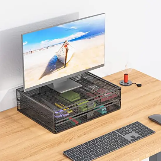 WALI Monitor Stand with Storage, Laptop Stand with Drawers Storage, Desk Organizer and Accessories for Office, Home, School, (STT006-B), Black {2}