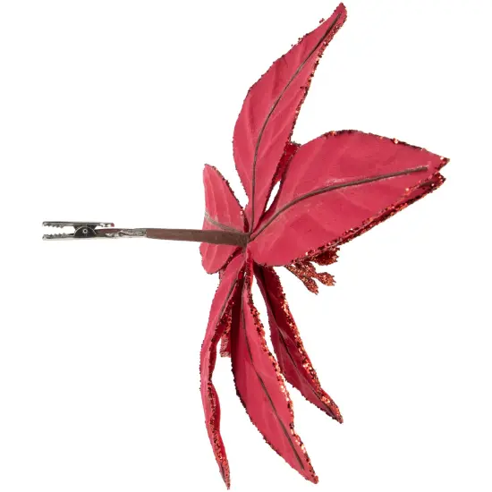 Northlight Glittered Poinsettia Christmas Floral Pick Clip-On Ornament - 10" - Red {5}
